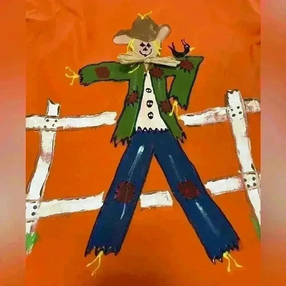 Vintage Shane Lee Inc Rare Scarecrow Orange Fall Shirt Size Small Feathers Paint - Picture 2 of 8
